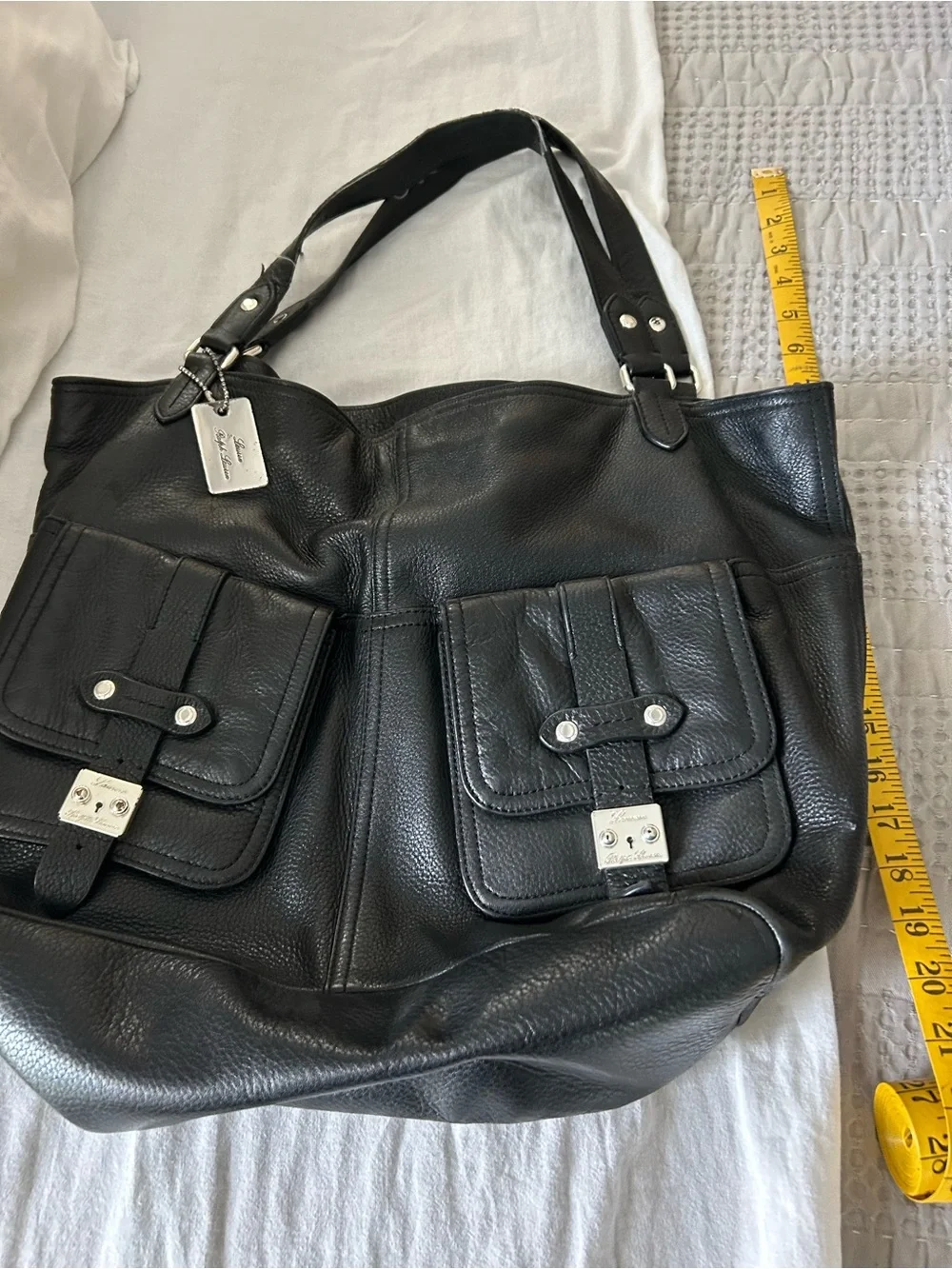 Ralph Lauren Black Leather Shoulder Tote Bag with Front Buckle Pockets